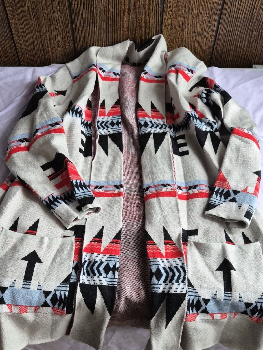 Aztec Open Front  Cardigan Jacket in Cream, Black & Red Medium Heavy
